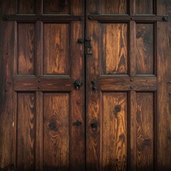 Paneled, dark wood double doors with metal hardware
