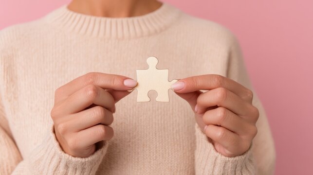 Person&rsquo;s hand, team conflict, emotional stress, Hopeful Woman Holding Broken Puzzle Piece Symbolizing Failed Connection in Collaboration with Emotional Expression in Soft Light and Pastel Tones
