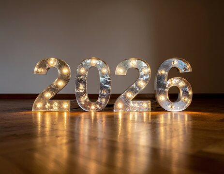 Lit 2026 metallic numeral displays, wood floor backdrop - Powered by Adobe