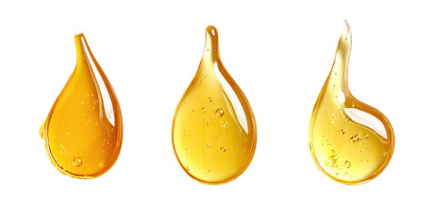 Three golden viscous liquid drops on black