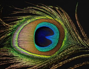 Close shot of iridescent peacock feather on a dark backdrop