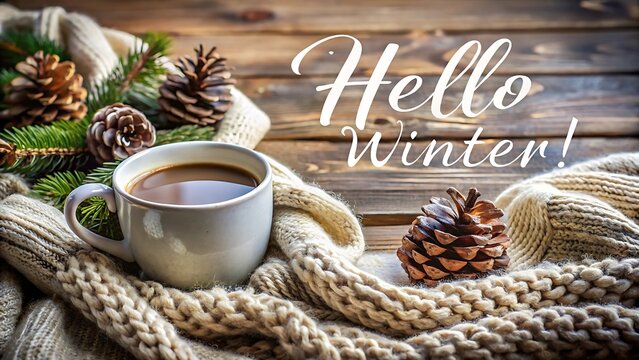 Cozy winter scene with hot coffee and pinecones