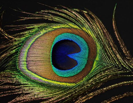 Close shot of iridescent peacock feather on a dark backdrop