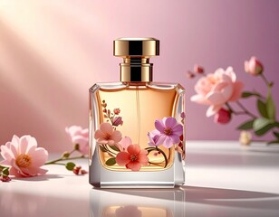 Perfume bottle with flower details, pink background