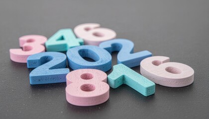 Scattered pastel numbers on dark gray background