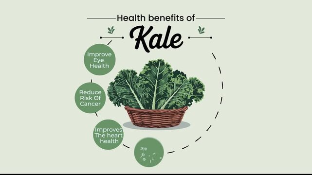 Kale health benefits infographic vector illustration animation with green icons