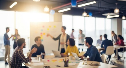 Bright collaborative office with team members actively generating creative ideas
