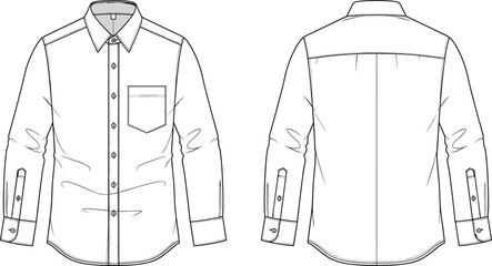 Men's long sleeve shirt technical sketch, button down vector illustration, front and back view, fashion design template, blank mockup © Ashik Creatives