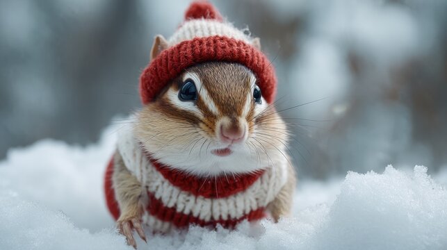 A playful chipmunk dressed in a cozy red and white knitted sweater and hat explores the snowy landscape capturing the essence of winter joy in a serene setting.
