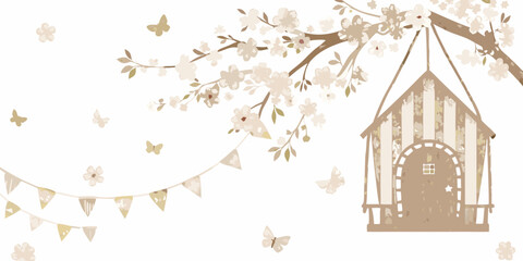 Dreamy treehouse with blossoms butterflies and bunting on a white background