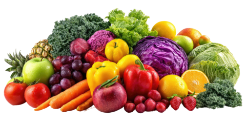 Vibrant assortment of fresh fruits and vegetables on a black background