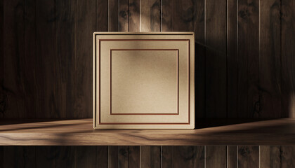Elegant square gift box mockup on a wooden shelf with dappled light. Blank packaging presentation for branding and design