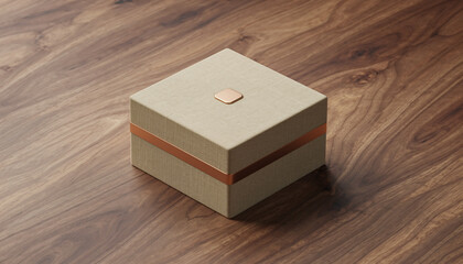 Realistic isometric view of a beige and copper gift box mockup for luxury branding and product packaging presentation on a dark wooden background