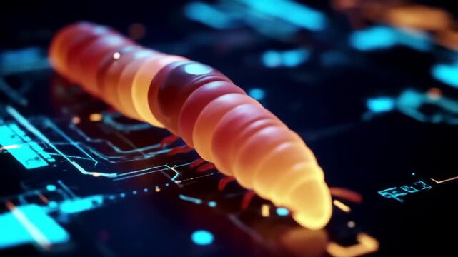 Animated worm exploring circuit board, with glowing lines, for technology, biology, or data concept