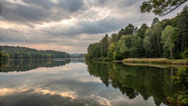 Calm lake reflection under dramatic cloudy sky