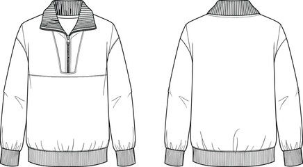Men's quarter-zip sweatshirt technical sketch, ribbed collar pullover vector, front and back view, fashion design template, flat drawing, blank mockup © Ashik Creatives