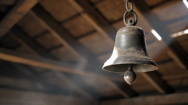 Rustic hanging bell illuminated by shafts of light in a dimly lit wooden structure