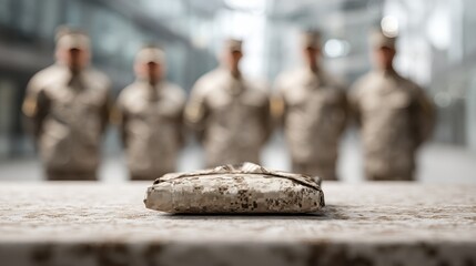 A military tribute display featuring a folded flag, with solemn soldiers standing in the background, symbolizing honor and respect.