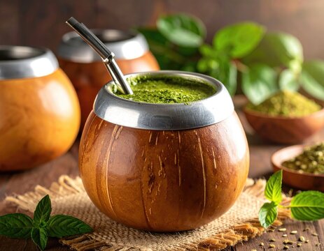 Yerba mate tea in calabash gourds with green leaves