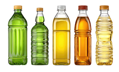 Five clear plastic bottles with colored liquids on black