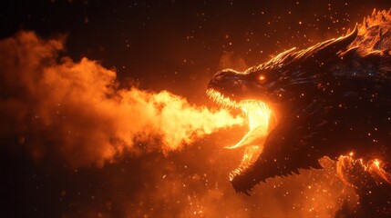 A powerful dragon unleashes a fiery breath under a dark sky filled with bright embers. The scene captures the creature in a moment of fierce intensity showcasing its fierce appearance.