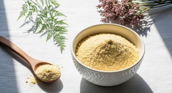 Bowl of flaxseed meal with a wooden spoon and green plant garnish on white surface