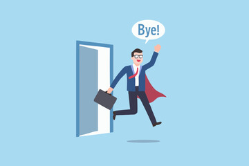 Businessman leaving office with cape and briefcase saying goodbye