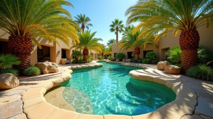 Luxurious resort swimming pool surrounded by palm trees and tropical landscaping