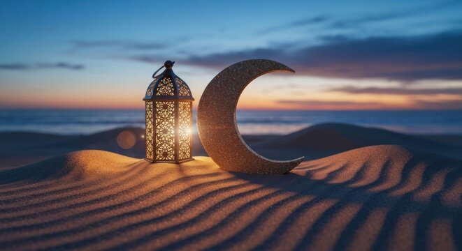 Golden crescent and ornate lantern on sand at serene sunset