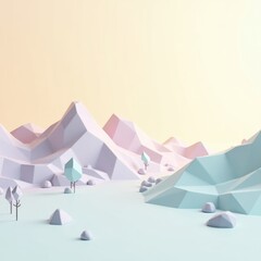 Pastel low poly mountain landscape with soft gradient sky