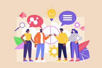 Diverse team brainstorming ideas and problem solving together in a modern workplace