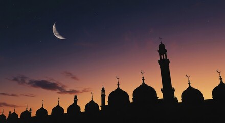 Mosque silhouette, domes, minarets, crescent moon, dusk sky
