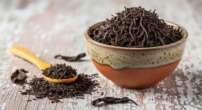 Closeup of dry black tea leaves served in a rustic ceramic bowl with a small wooden spoon