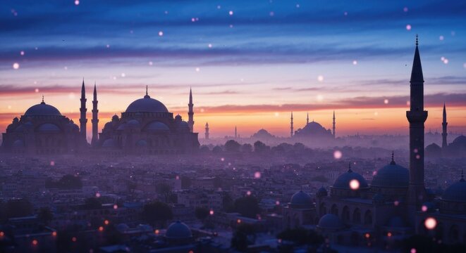 Misty cityscape featuring many domed mosques under a colorful sky