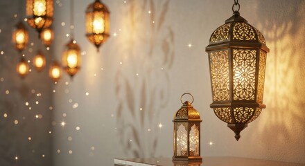 Ornate golden lanterns glow warmly, creating a sparkling festive ambiance