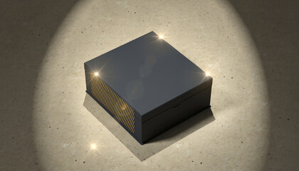 An elegant dark box mockup illuminated by a single spotlight on a textured surface, ideal for a luxury product packaging presentation