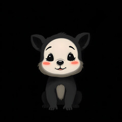 This image features a cute and friendly cartoon animal character, possibly a bear or a panda, with large, expressive eyes and rosy cheeks. The character has black fur and white markings on its face, r