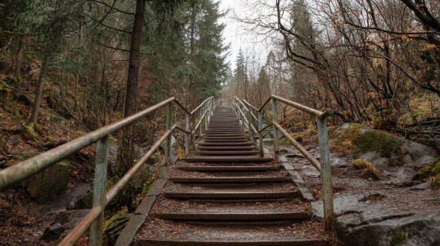 Sturdy wooden stairs ascend through a lush damp forest filled with tall trees and rocky terrain during a rainy autumn day. Soft mist envelops the trail.