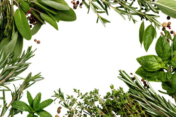 A border of fresh herbs and spices on a black background
