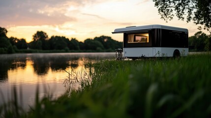 A white and black camper van parked on the grass by a lake at sunset.