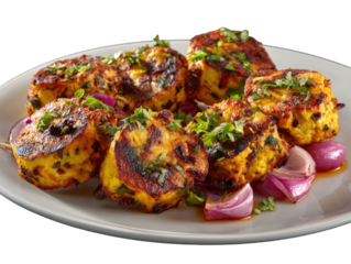 Skewered spiced cubes of cheese, grilled and garnished with herbs