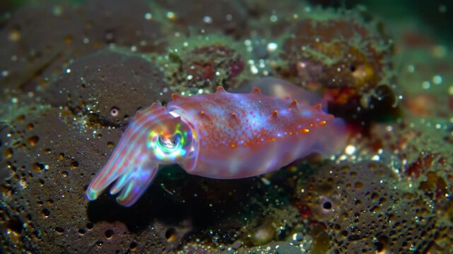 Cuttlefish displays colorful patterns underwater, against reef background, suitable for marine biology content