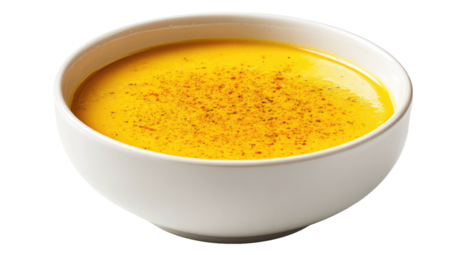 Warm, golden soup in a white bowl, sprinkled with spices