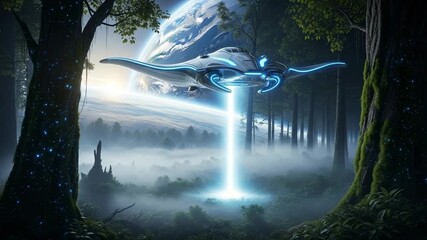 Futuristic spaceship descends through forest mist on alien planet with glowing trees near Earth, creating a sense of wonder and exploration - Powered by Adobe