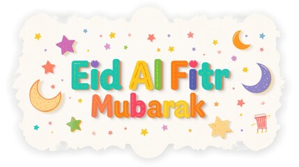 Colorful eid al fitr mubarak greeting with stars and crescent moons