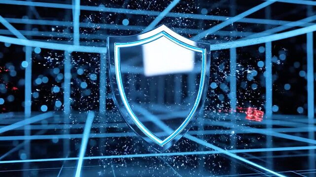 Brilliant blue shield badge radiates amid neon grid, sparks and digital light shards amid blue glow!