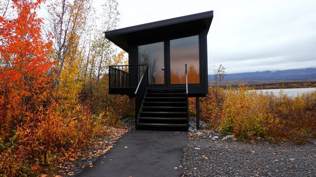 A modern black cabin with a wooden staircase and a view of a lake and mountains.