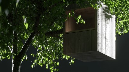 A wooden treehouse with a slatted roof and open door, nestled among the branches of a tree.