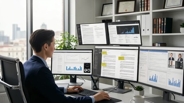 Dynamic business professional analyzing data and connecting on video conference calls in a modern office setting for success and growth - Powered by Adobe