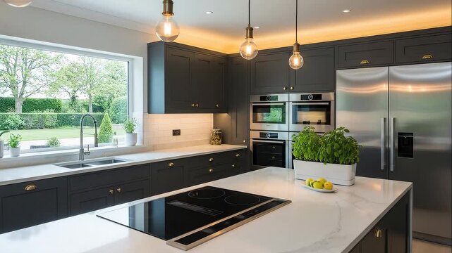 Sleek and spacious contemporary kitchen interior featuring a central island, integrated appliances, and a view of the garden